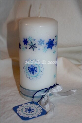 Snowflake candle with Tag; Stamping on a Candle