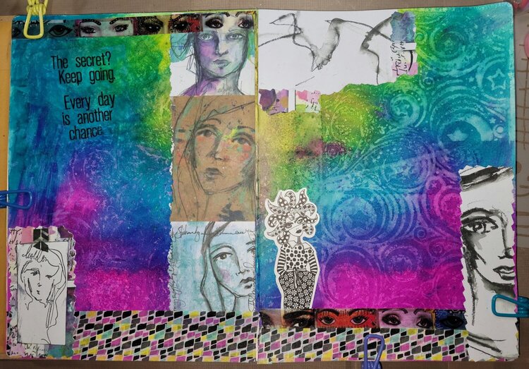 Dylusions and Dina Wakely art journal layout in progress