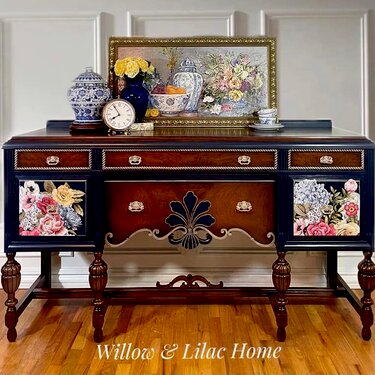 Re-design Wondrous Floral Traditional Mahogany Wood Buffet by Willow Lilac