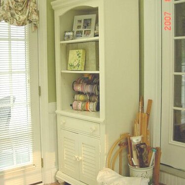 bookcase w/ribbon storage&amp; crock w/needlework stg