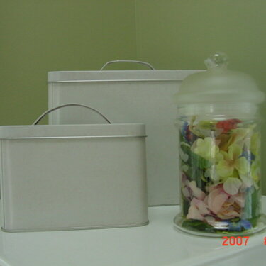 Pearl x &amp; clear stamps stored in tin boxes, flowers in jar