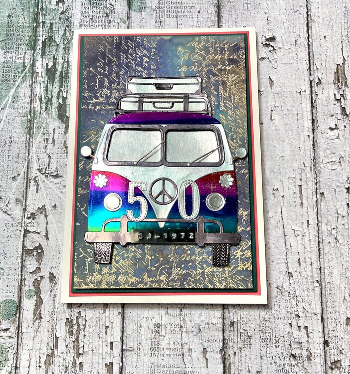 Retro Bus Birthday card on a emboss resist background 
