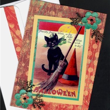 Cat with Broom Halloween Card