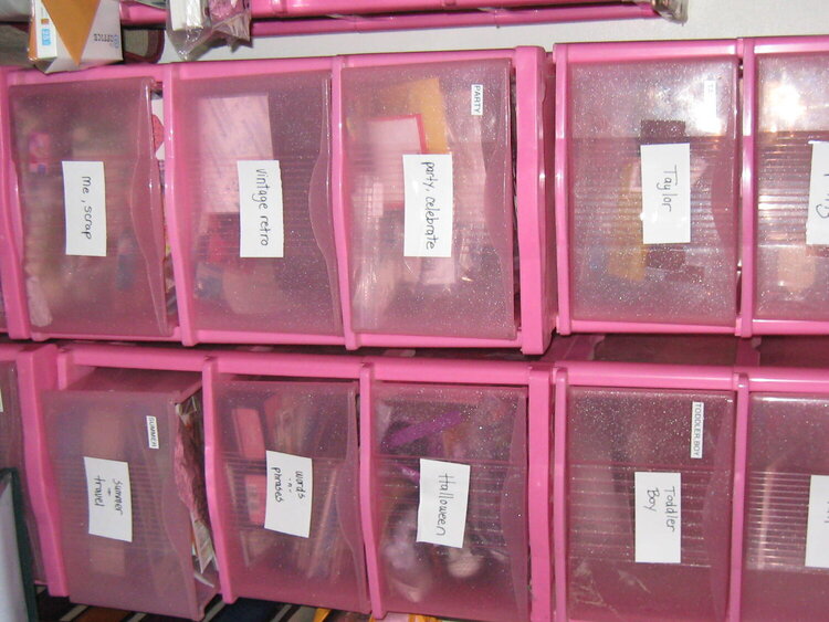 Pink storage drawers in scrap area-oops sideways
