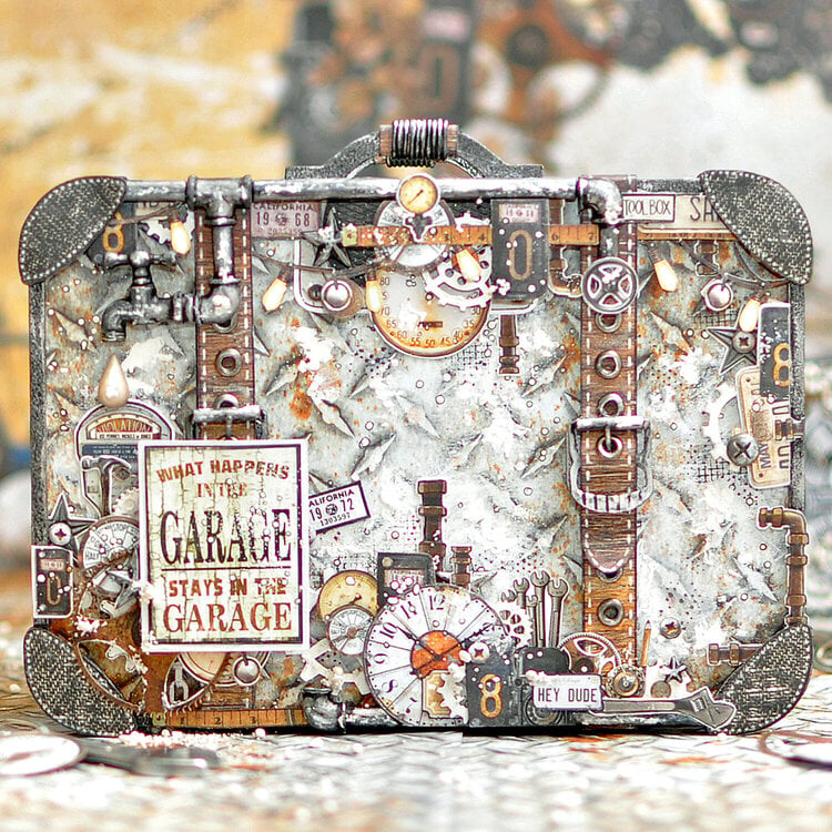 Suitcase box with tag album inside with &quot;Garage&quot; collection by Emma Trout