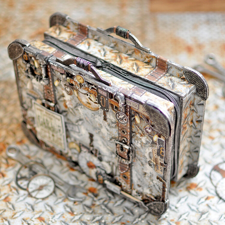 Suitcase box with tag album inside with &quot;Garage&quot; collection by Emma Trout