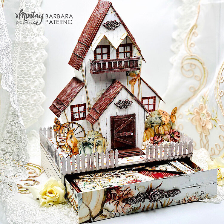 Autumn house with mini album with &quot;Golden days&quot; collection by Barbara Paterno