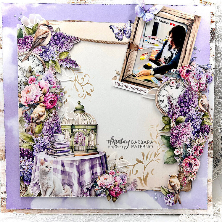 Layout with &quot;Lilac garden&quot; collection and Kreativa Stencil by Barbara Paterno