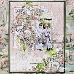 Layout with "Peony garden" collection and Kreativa Stencils by Emma Trout