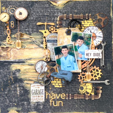Layout with &quot;Garage&quot; collection and Speampunk Chippies by Valeska Guimaraes