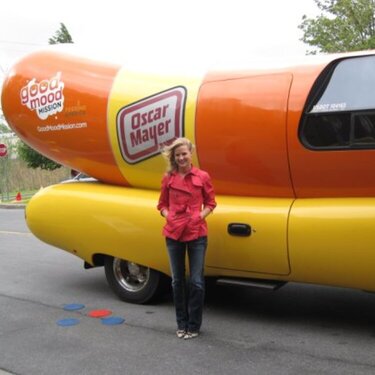 Chelsea and the Wienermobile on roadside in New York