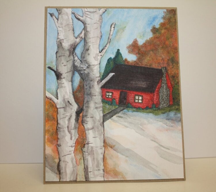 Birch trees and cabin watercolor.