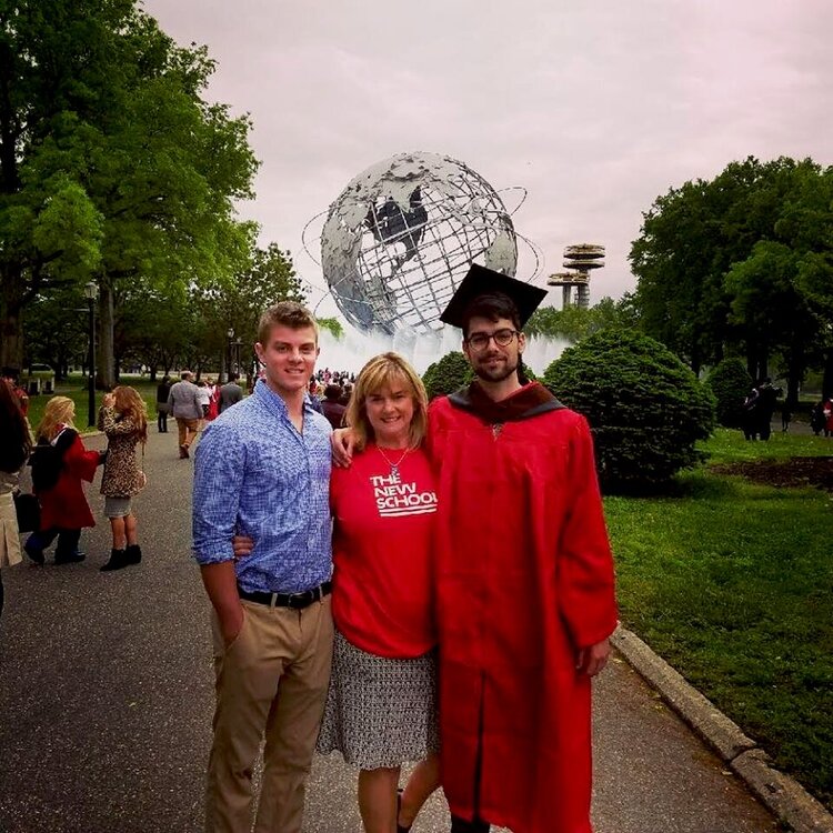 Graduation Day for our grandson, Sam.  His mom, Jill, and dgs, Gus are in the picture too.  He recieved his Bachelor of Fine Art