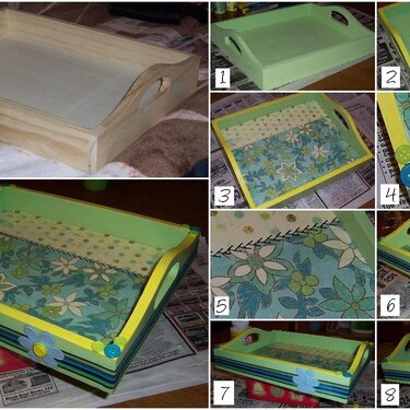 Altered Wooden Tray, before, during, and after