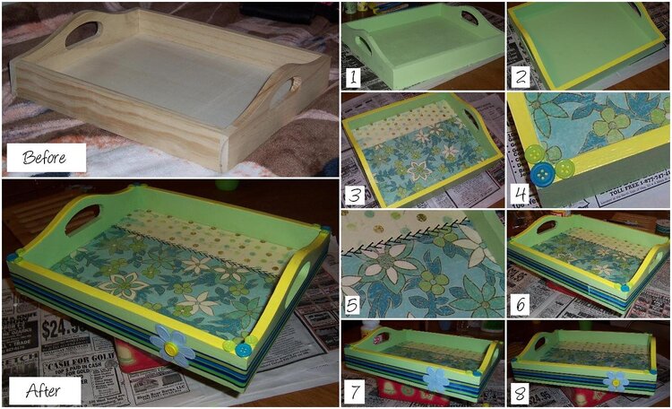 Altered Wooden Tray, before, during, and after