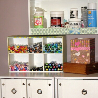 Handmade Copic cubbies in place in my scraproom