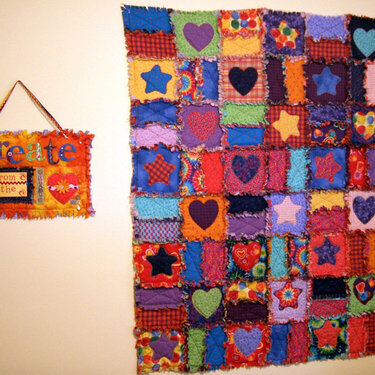 rag quilt and altered art wall hanging