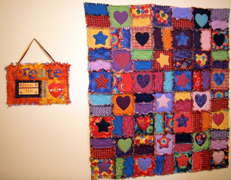 rag quilt and altered art wall hanging