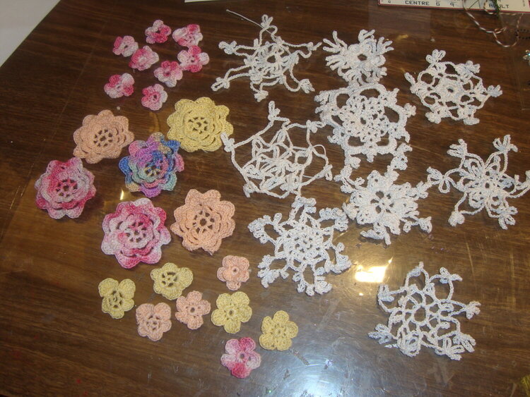 crocetted flowers and snowflakes