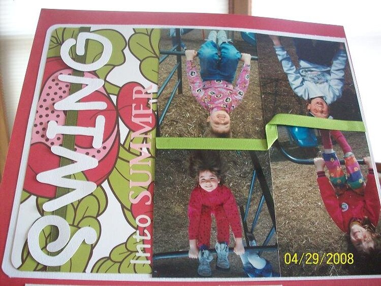 Allison and her brother and friends swinging upside down on the monkey bars.