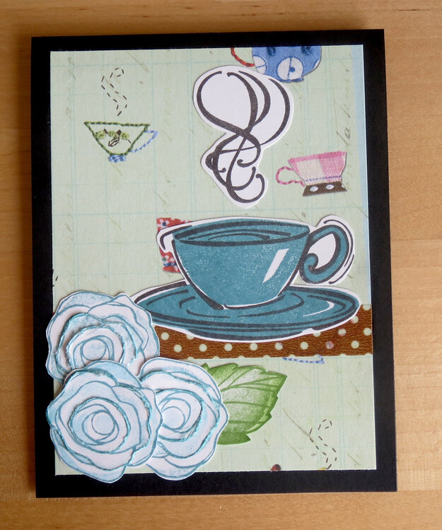 Blue coffee cup and roses card