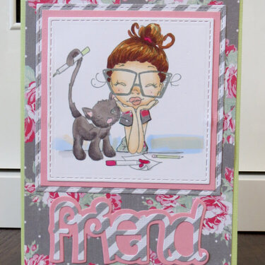 Friend card girl with cat and art supplies