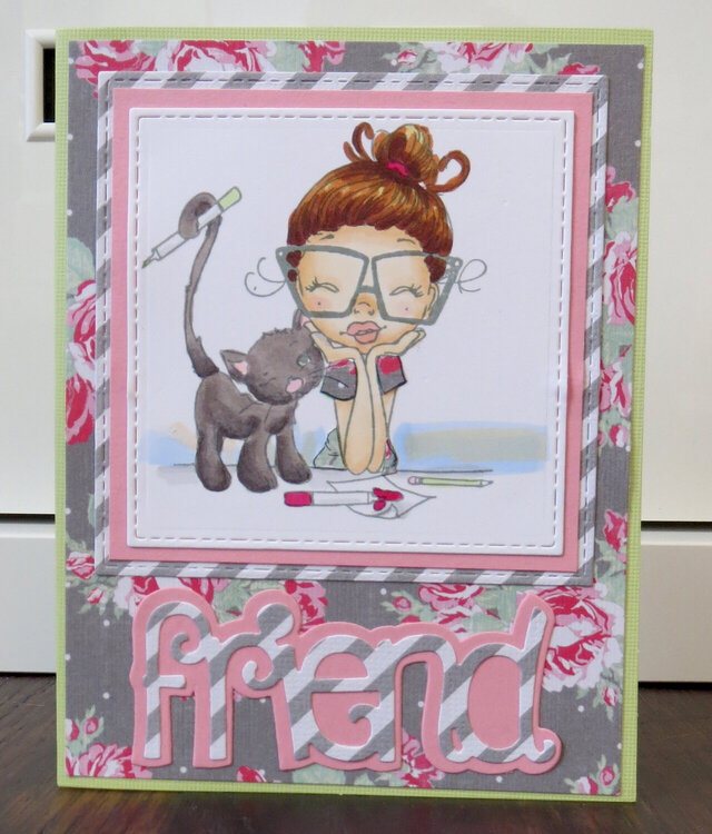 Friend card girl with cat and art supplies