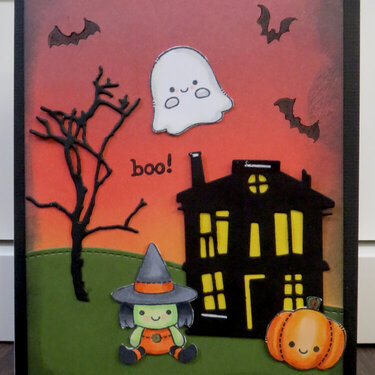 Halloween Card with ghost witch, and pumpkin