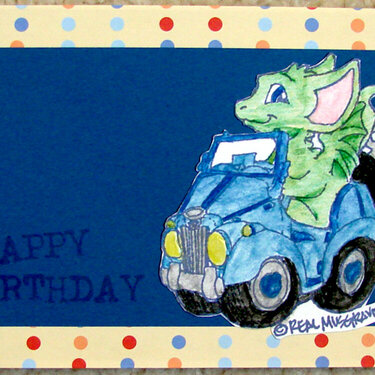 Dragon in car birthday card for Operation Write Home