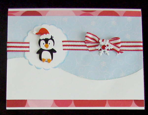 Penguin Card with red and white ribbon