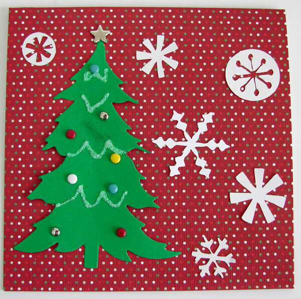 Square card with tree and snowflakes