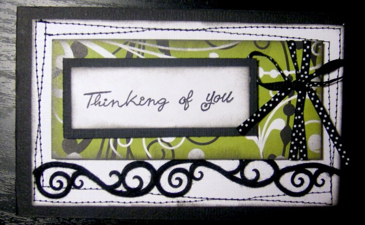 green/black/white Thinking of you Card with Velvet, Border stitching, and double round bow