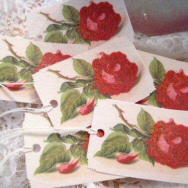 Shabby Floral Red Rose Glitter Gift Tags