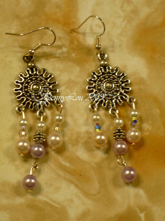 Silver Chandelier earrings with purple and cream pearls and white crystals
