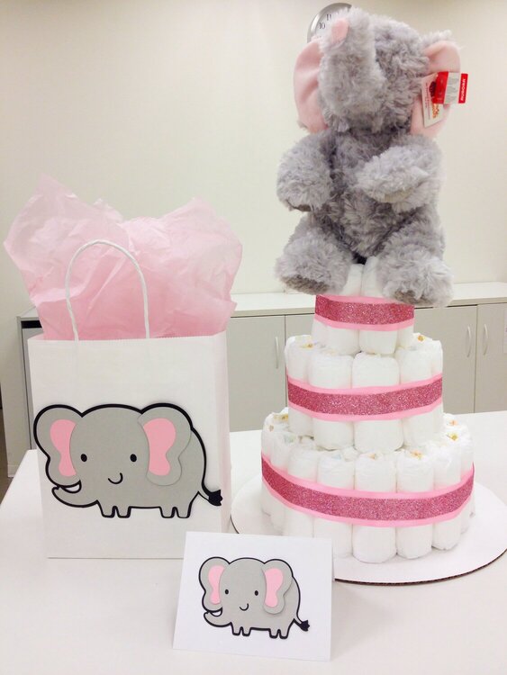 Elephant card, gift bag, and diaper cake