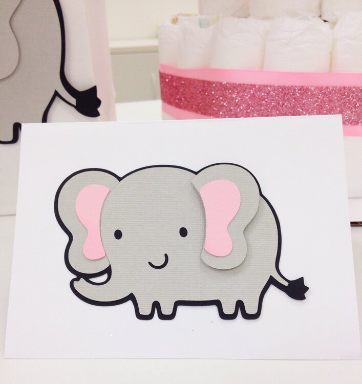 Elephant card, gift bag, and diaper cake