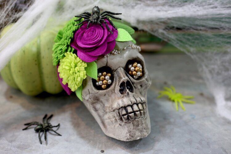 *Jillibean Soup* Felt Flower Embellished Skull- Close Up