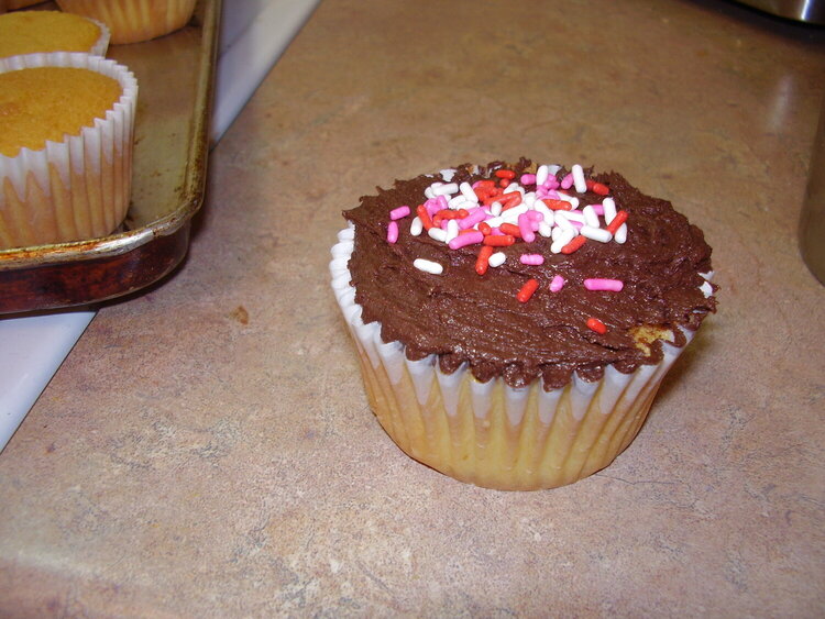 Cupcake with chocolate icing and pink sprinkles