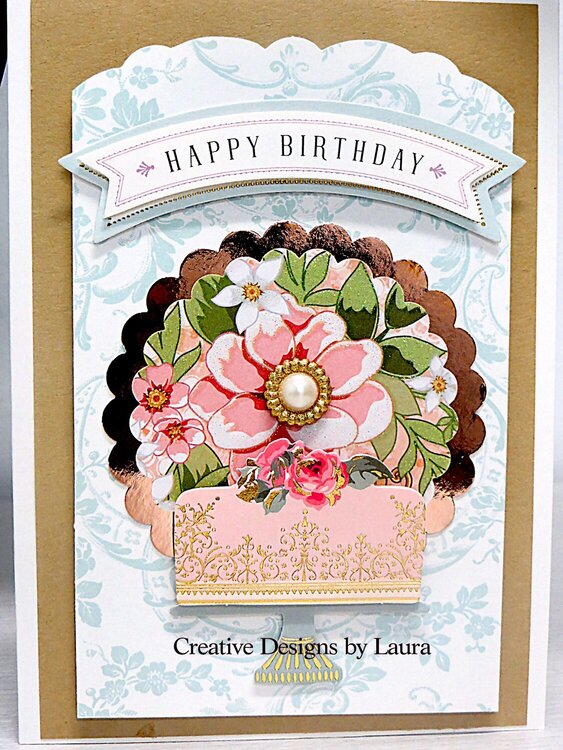 Happy Birthday - Pink Flowers and Greenry with a Pink Scalloped Layer!