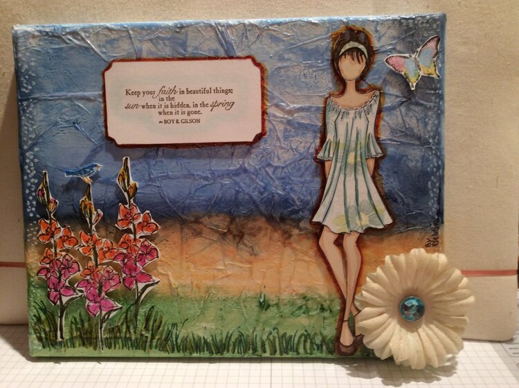 Julie Nutting mixed media doll stamped canvas
