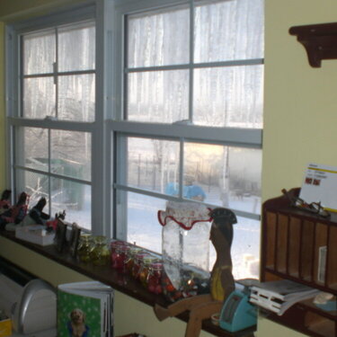 My scrapbook room with Winter Ice Curtains! Ha!