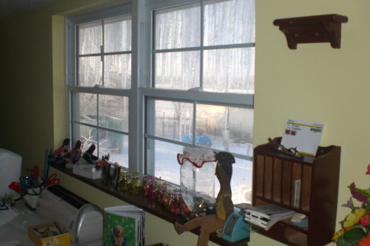 My scrapbook room with Winter Ice Curtains! Ha!
