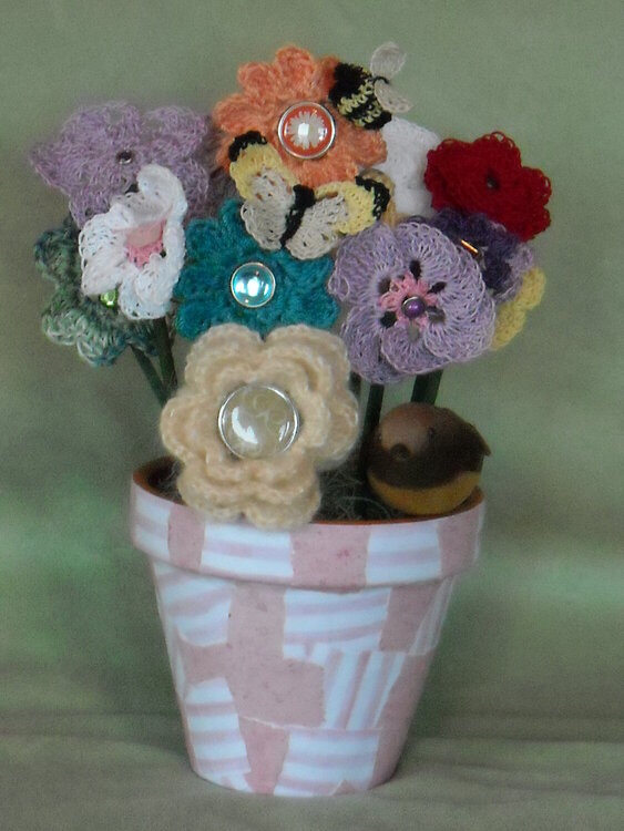 Crocheted Flowers in Decoupage Plant Pot