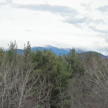 Snow capped Mount Washington in background.