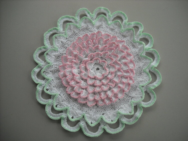12&quot; Pink/Green/White Crochet Blossom Doily