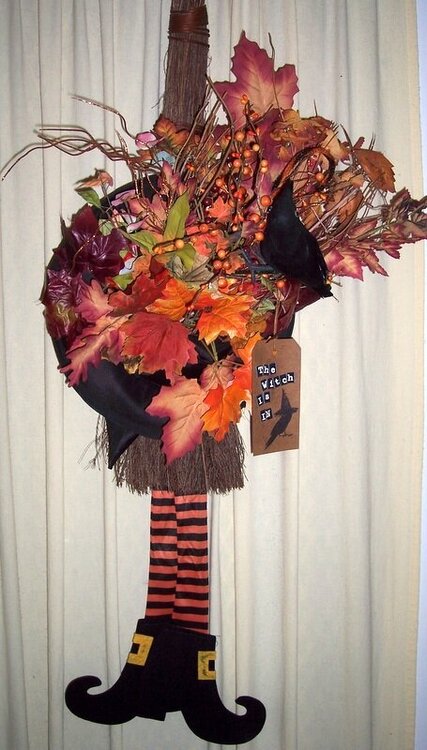 Witch Hat on Broom with florals. door hanger