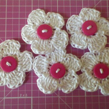 Crocheted White Flowers,pink button centers
