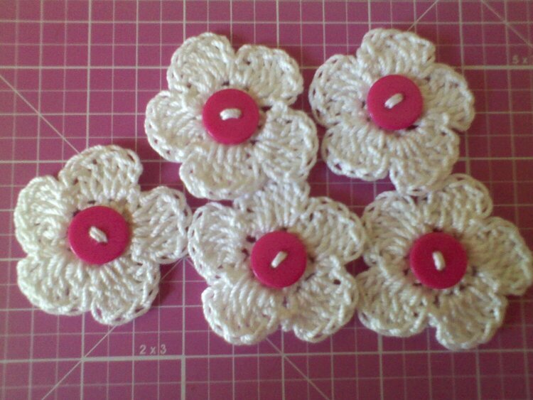 Crocheted White Flowers,pink button centers