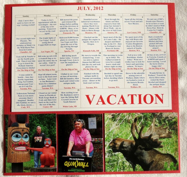 Calendar Page Left for road trip and Alaska Cruise and Hawaii 2012 vacation