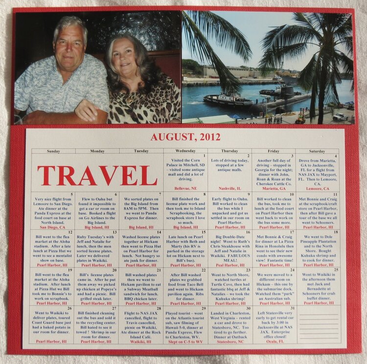 Calendar Page Right for road trip and Alaska Cruise and Hawaii 2012 vacation
